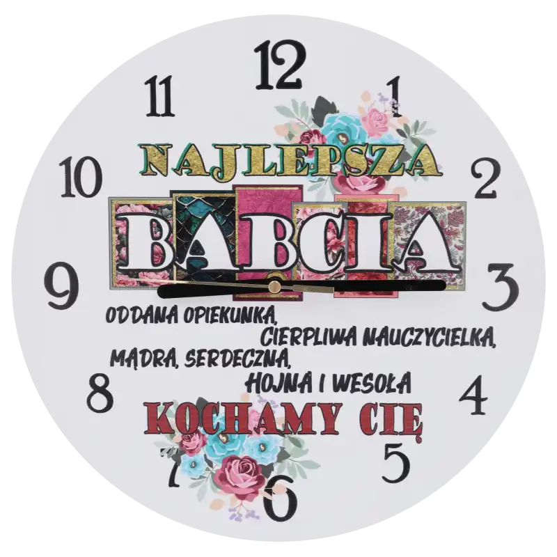 Zegar ścienny Najlepsza Babcia o średnicy 30 cm wykonany z MDF. Tarcza z kwiatowym motywem oraz napisem dla babci.