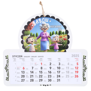 Kalendarz ścienny Babciu Kochamy Cię wykonany z płyty MDF o średnicy 30 cm. Prezentuje personalizowany nadruk oraz czytelny kalendarz na styczeń.