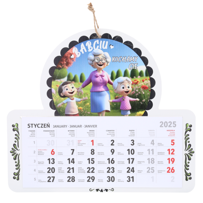 Kalendarz ścienny Babciu Kochamy Cię wykonany z płyty MDF o średnicy 30 cm. Prezentuje personalizowany nadruk oraz czytelny kalendarz na styczeń.