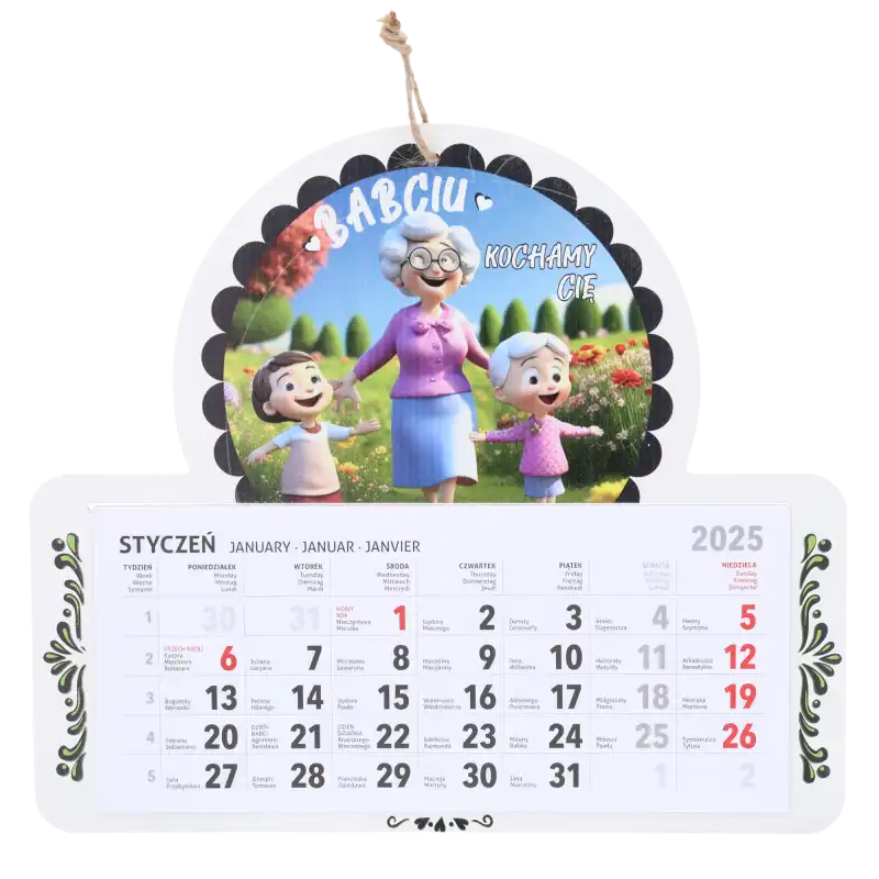 Kalendarz ścienny Babciu Kochamy Cię wykonany z płyty MDF o średnicy 30 cm. Prezentuje personalizowany nadruk oraz czytelny kalendarz na styczeń.