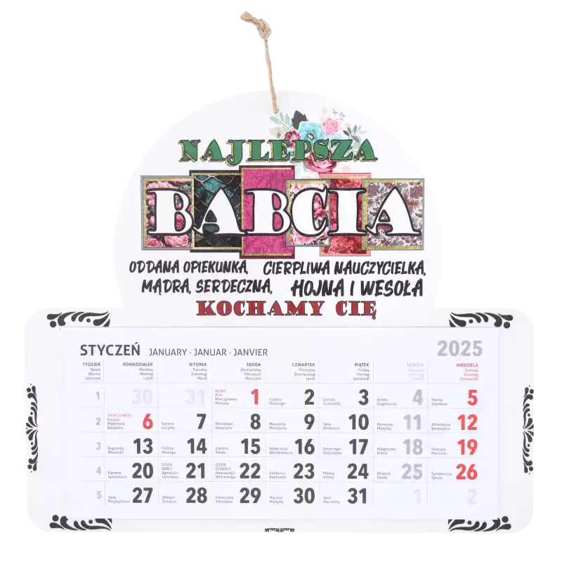 Ścienny kalendarz Najlepsza Babcia z płyty MDF o średnicy 30 cm. Ozdobny napis z motywem kwiatowym i czytelne kalendarium.