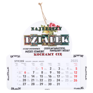 Kalendarz Najlepszy Dziadek o średnicy 30 cm wykonany z MDF. Prezentuje personalizowany nadruk i kalendarium na ścianę.