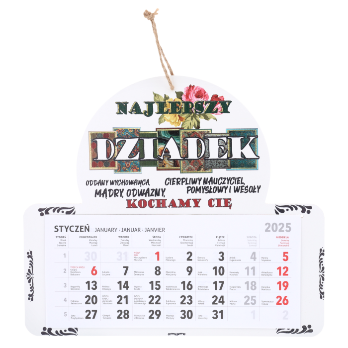 Kalendarz Najlepszy Dziadek o średnicy 30 cm wykonany z MDF. Prezentuje personalizowany nadruk i kalendarium na ścianę.