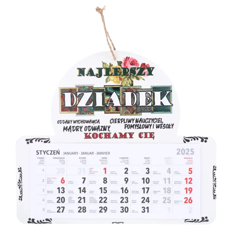 Kalendarz Najlepszy Dziadek o średnicy 30 cm wykonany z MDF. Prezentuje personalizowany nadruk i kalendarium na ścianę.