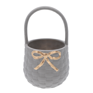 Szary okrągły gipsowy kosz 25 cm z wytłaczaną fakturą wikliny i złotą kokardą. Elegancka osłonka na kwiaty i dekoracja.