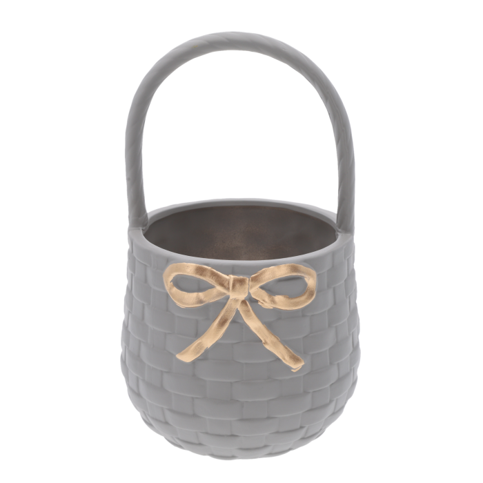 szary kosz gipsowy, koszyk z kokardą, osłonka na rośliny, kosz na prezent, dekoracja wiosenna, kosz wielkanocny, kosz ozdobny, gipsowy kosz, wiklinowa imitacja, elegancki kosz dekoracyjny