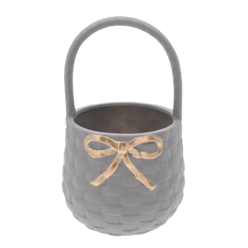 Szary okrągły gipsowy kosz 25 cm z wytłaczaną fakturą wikliny i złotą kokardą. Elegancka osłonka na kwiaty i dekoracja.
