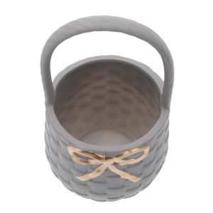 Wnętrze okrągłego szarego kosza gipsowego o średnicy 25 cm. Puste naczynie gotowe do wypełnienia kwiatami lub upominkami.