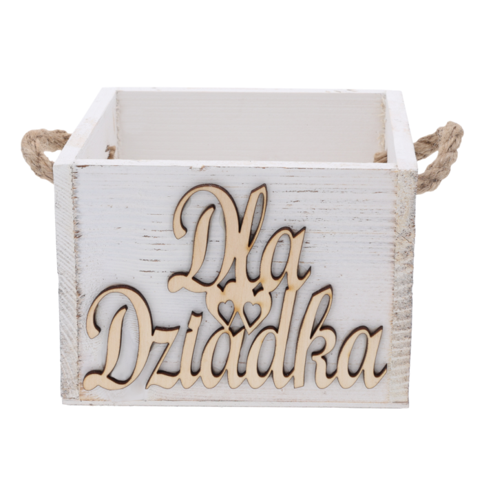 Biała skrzynka prezentowa Dla Dziadka o wymiarach 15x11,5 cm z jutowymi uchwytami, idealna do przechowywania drobnych upominków i kosmetyków.