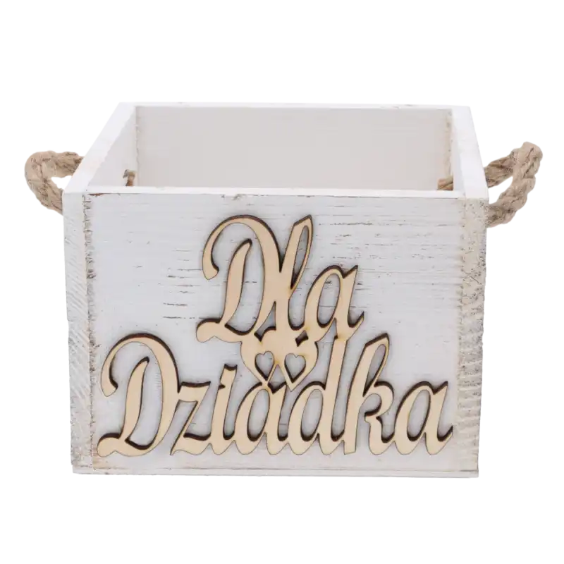 Biała skrzynka prezentowa Dla Dziadka o wymiarach 15x11,5 cm z jutowymi uchwytami, idealna do przechowywania drobnych upominków i kosmetyków.