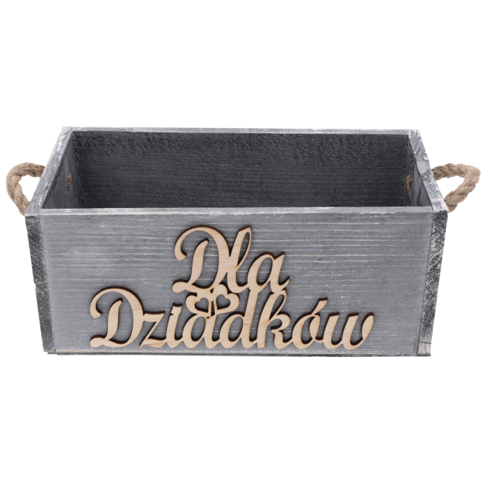 Szara skrzynka prezentowa Dla Dziadków o wymiarach 14x11,5 cm, z jutowymi uchwytami i napisem, widok od frontu na wprost.