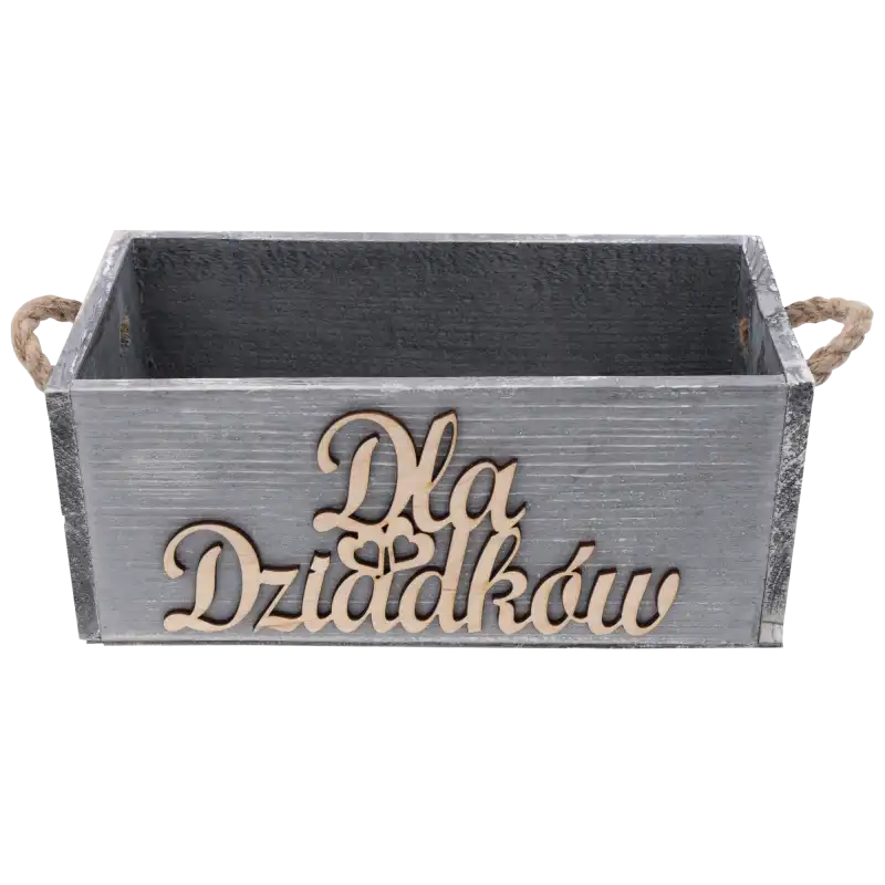 Szara skrzynka prezentowa Dla Dziadków o wymiarach 14x11,5 cm, z jutowymi uchwytami i napisem, widok od frontu na wprost.