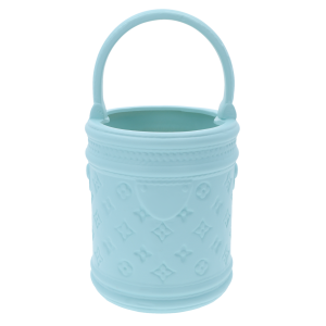 Niebieska gipsowa osłonka 28x15 cm z dekoracyjnym wytłaczaniem i rączką, widoczna na wprost na białym tle.