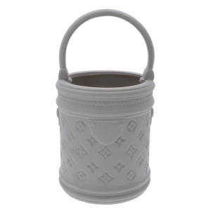 Szara gipsowa osłonka 28x15 cm o cylindrycznym kształcie z praktyczną rączką oraz ozdobnym, geometrycznym wytłaczaniem.