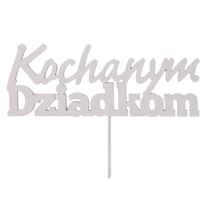 Biały topper XL Kochanym dziadkom to stylowe napisy na piku, które pięknie dekorują domowe upominki i bukiety dla seniorów. Wyraźny napis na drewnianym patyczku.