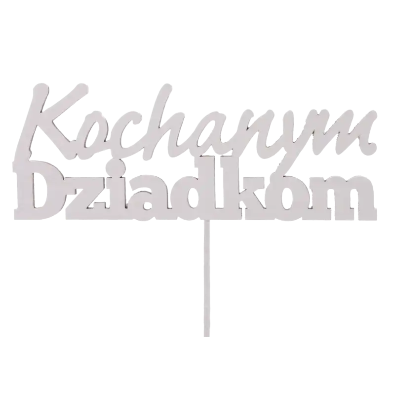 Biały topper XL Kochanym dziadkom to stylowe napisy na piku, które pięknie dekorują domowe upominki i bukiety dla seniorów. Wyraźny napis na drewnianym patyczku.