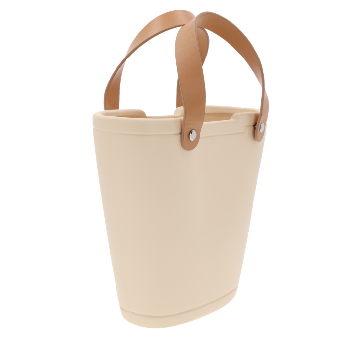 gipsowa osłonka, torebka na kwiaty, skórzane uchwyty, nowoczesny design, dekoracyjna osłonka, stroiki świąteczne, ozdobny koszyk, praktyczne przechowywanie, hit kolekcji, stylowe wnętrza