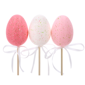 Trzy pisanki na piku o wysokości 6 cm w różowo-białych kolorach, ozdobione białą kokardką, idealne pisanki i jaja do wiosennych stroików.