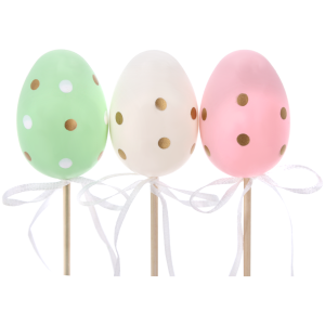Zestaw 6 pisanek na piku o wysokości 6 cm w kolorach zielonym, różowym i białym. Dekoracyjne jaja z kropkami i białą kokardką na patyczku, idealne do wielkanocnych stroików.