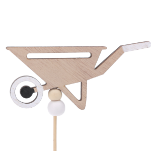 Drewniane taczki na piku, miniaturowa ozdoba do wiosennych kompozycji z naturalnego materiału, idealna do doniczek i stroików.