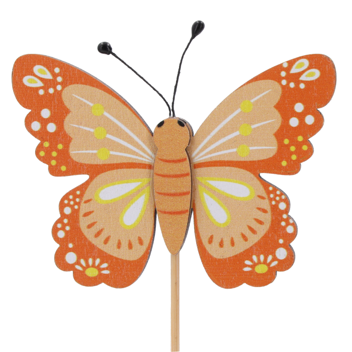 Pomarańczowy motyl na piku 1 szt. w dużym zbliżeniu na detal. Wyrazista ozdoba na piku o intensywnej barwie z jednostronnym nadrukiem, idealna do wiosennych stroików.