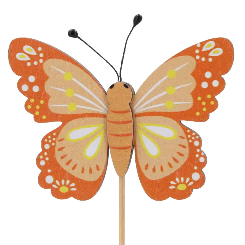 Pomarańczowy motyl na piku 1 szt. w dużym zbliżeniu na detal. Wyrazista ozdoba na piku o intensywnej barwie z jednostronnym nadrukiem, idealna do wiosennych stroików.