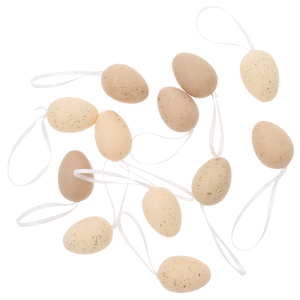 Zestaw 12 zawieszek w kształcie jajek o wysokości 4 cm w naturalnych kolorach bieli, beżu i brązu ze złotym nakrapianiem. Dekoracyjne pisanki z tasiemką do zawieszenia na gałązkach, stroikach i świątecznych girlandach.