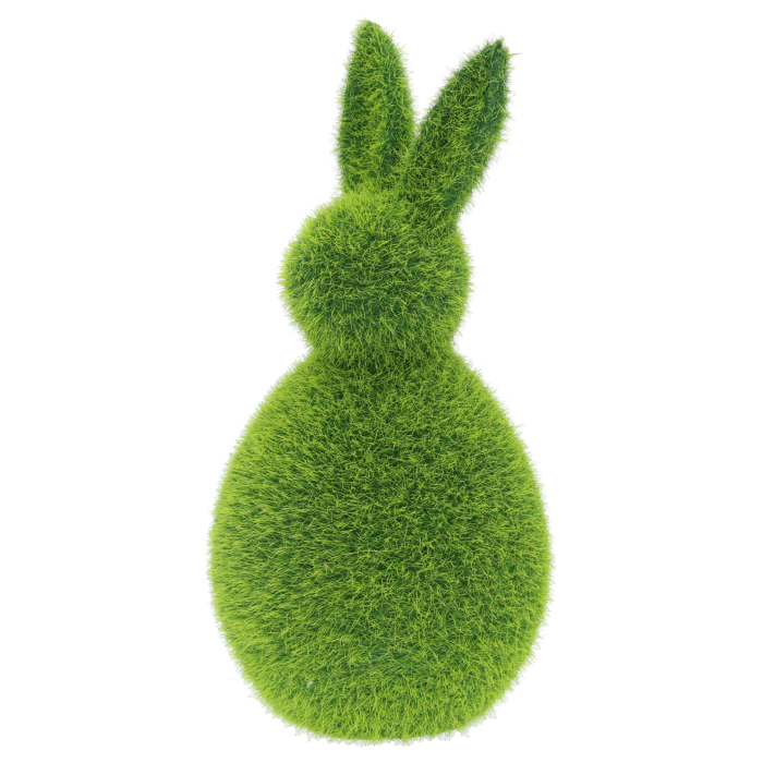 Aksamitna figurka zająca w kolorze soczystej zieleni, uchwycona pod lekkim kątem, podkreślająca unikalną flokowaną teksturę ozdoby.