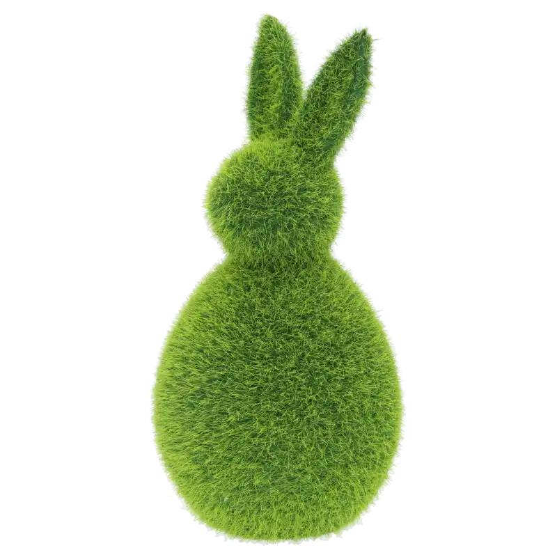 Aksamitna figurka zająca w kolorze soczystej zieleni, uchwycona pod lekkim kątem, podkreślająca unikalną flokowaną teksturę ozdoby.
