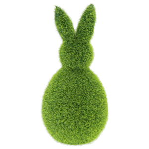 Minimalistyczny zielony zając z flokowanym wykończeniem, ustawiony w pozycji prostej jako stylowy dodatek do wiosennych kompozycji wnętrz.