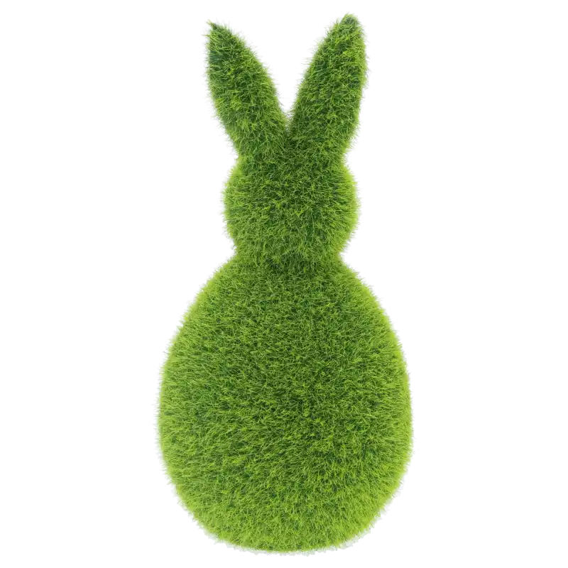 Minimalistyczny zielony zając z flokowanym wykończeniem, ustawiony w pozycji prostej jako stylowy dodatek do wiosennych kompozycji wnętrz.