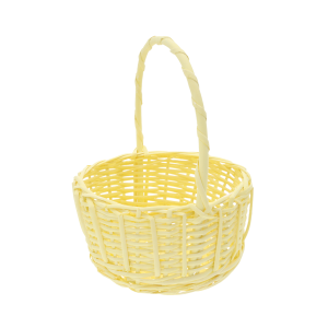 Żółty okrągły kosz wiklinowy o średnicy 22 cm w rozmiarze M. Klasyczny koszyk z uchwytem, idealny na wielkanocną święconkę oraz domowe dekoracje wiosenne.