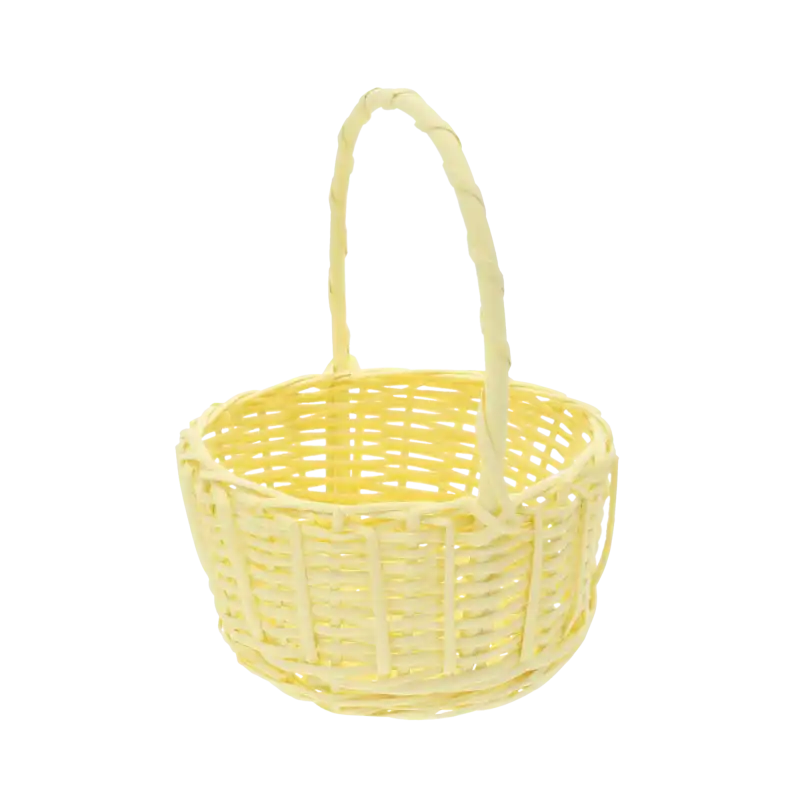 Żółty okrągły kosz wiklinowy o średnicy 22 cm w rozmiarze M. Klasyczny koszyk z uchwytem, idealny na wielkanocną święconkę oraz domowe dekoracje wiosenne.