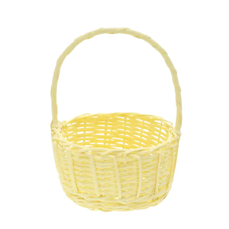 Wiosenny kosz wiklinowy o średnicy 22 cm w radosnym żółtym kolorze. Pleciony ręcznie, stanowi uniwersalne naczynie na drobiazgi lub wielkanocne kompozycje.