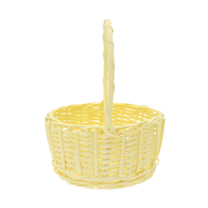 Okrągły koszyk wiklinowy w kolorze żółtym, średnica 22 cm. Ażurowa konstrukcja zapewnia lekkość, sprawdzając się jako baza prezentowa lub kosz na owoce.