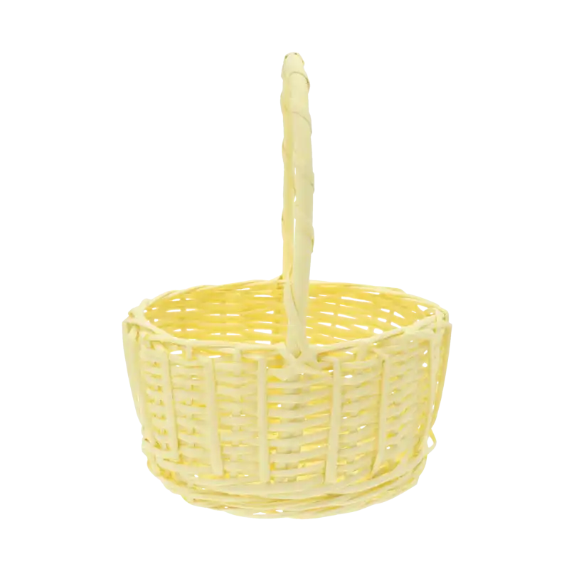 Okrągły koszyk wiklinowy w kolorze żółtym, średnica 22 cm. Ażurowa konstrukcja zapewnia lekkość, sprawdzając się jako baza prezentowa lub kosz na owoce.