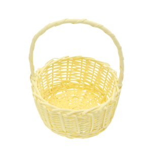 Pusty żółty kosz wiklinowy o średnicy 22 cm. Widoczne wnętrze oraz splot dna, co ułatwia wykorzystanie go do przechowywania tekstyliów lub artykułów spożywczych.