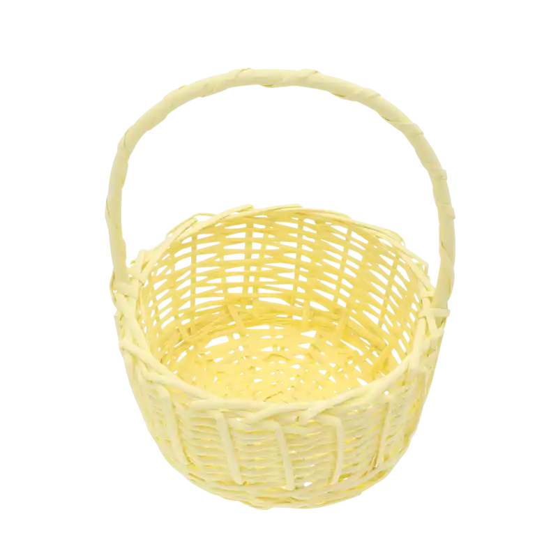 Pusty żółty kosz wiklinowy o średnicy 22 cm. Widoczne wnętrze oraz splot dna, co ułatwia wykorzystanie go do przechowywania tekstyliów lub artykułów spożywczych.