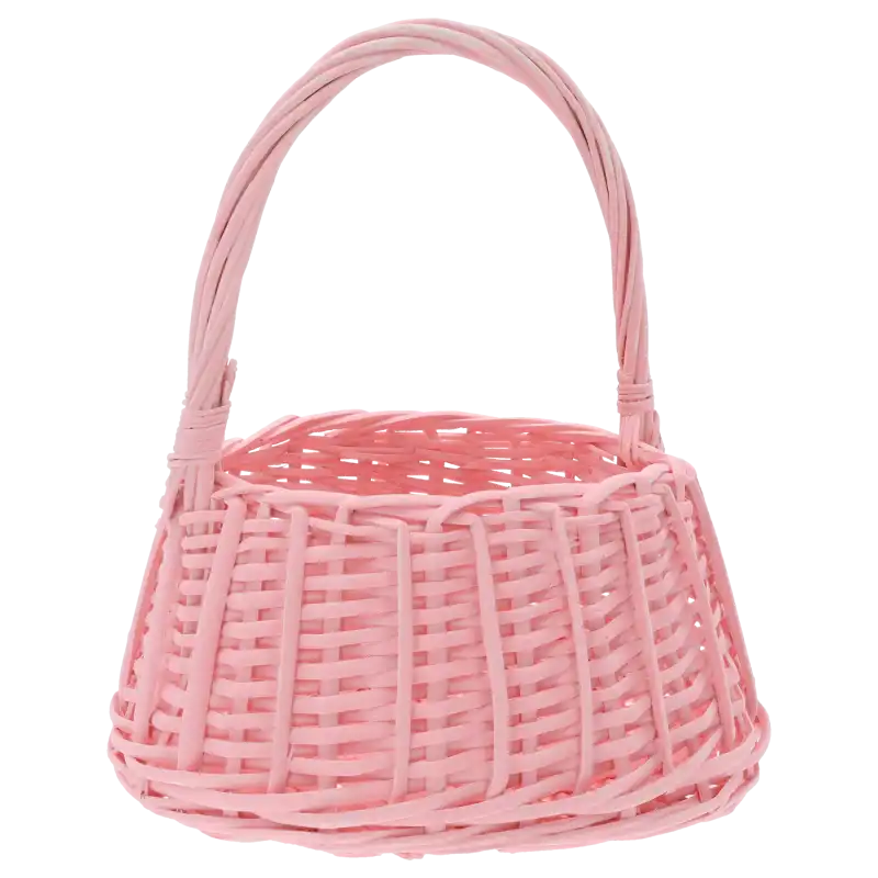 Różowy okrągły kosz wiklinowy o średnicy 17/22 cm w rozmiarze M. Wykonany z naturalnej wikliny, doskonały na wielkanocne dekoracje i święconkę.