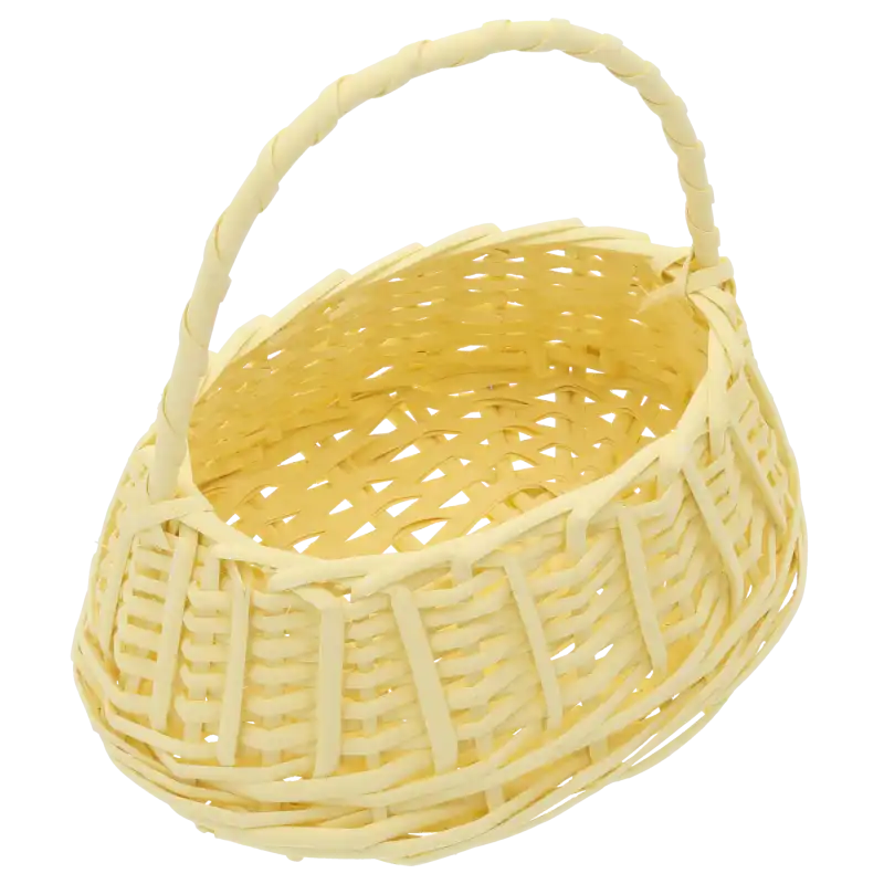 Perspektywa od góry na wnętrze żółtego, owalnego kosza wiklinowego. Konstrukcja pozwala na wygodne przechowywanie owoców, drobiazgów lub wielkanocnych dekoracji.