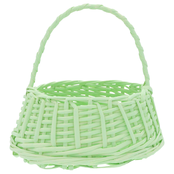 Zielony owalny kosz wiklinowy M o wymiarach podstawy 20x26 cm i wysokości 25 cm z rączką. Ręcznie pleciona, lekka konstrukcja o naturalnym wykończeniu idealna do wielkanocnych dekoracji lub jako koszyczek na owoce.