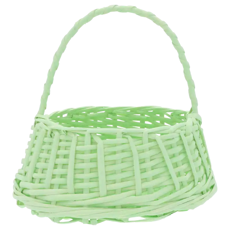 Zielony owalny kosz wiklinowy M o wymiarach podstawy 20x26 cm i wysokości 25 cm z rączką. Ręcznie pleciona, lekka konstrukcja o naturalnym wykończeniu idealna do wielkanocnych dekoracji lub jako koszyczek na owoce.