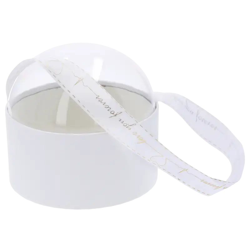 Transparentny flower box w kształcie białej kuli o średnicy 13 cm z ozdobną satynową wstążką, idealny do prezentacji kwiatów.