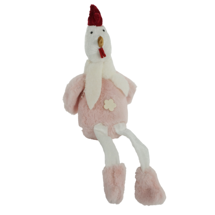 Pluszowa kura wielkanocna w kolorze różowym o wysokości 33 cm. Figurka posiada biały szalik, drewniany kwiatek i obciążające wypełnienie zapewniające stabilność na półce.