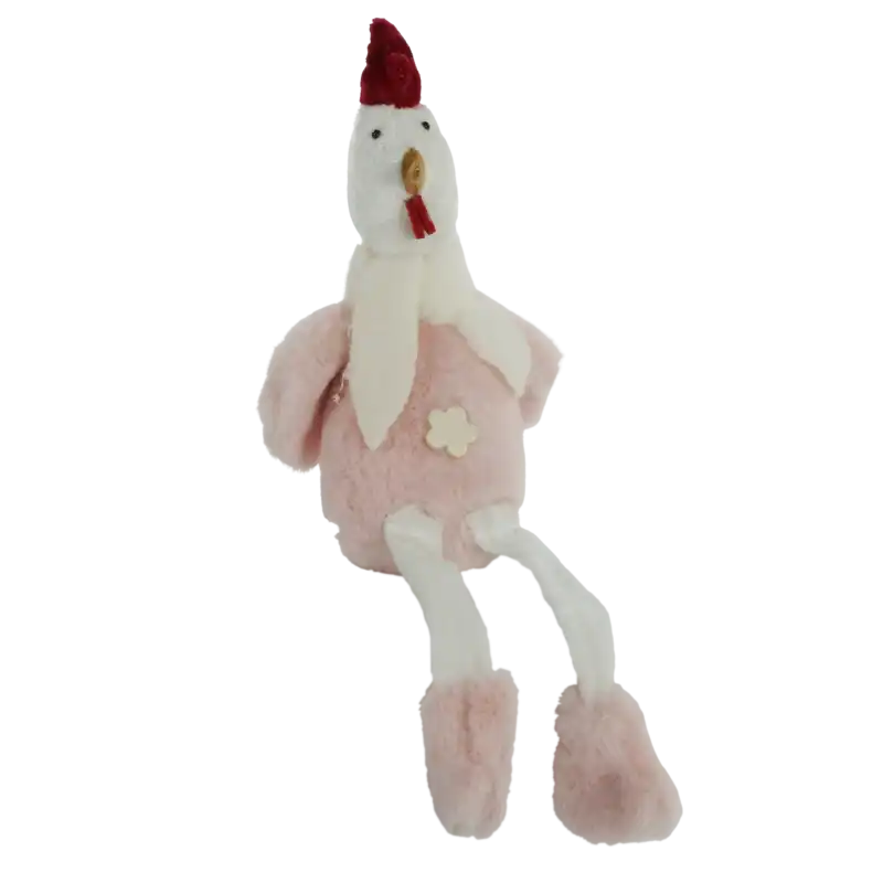 Pluszowa kura wielkanocna w kolorze różowym o wysokości 33 cm. Figurka posiada biały szalik, drewniany kwiatek i obciążające wypełnienie zapewniające stabilność na półce.