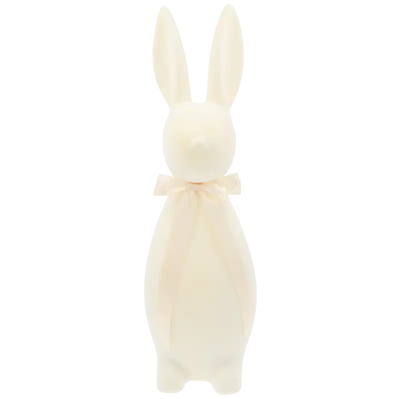 Duży kremowy zając flokowany o wysokości 70 cm z satynową kokardą. Elegancka i miękka w dotyku dekoracja na Wielkanoc.