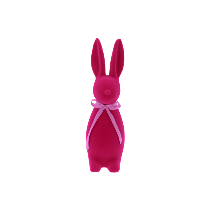 flokowany zając, zając M 30 cm, fuksja, różowy zając wielkanocny, dekoracja świąteczna, ozdoby wielkanocne, flokowane ozdoby, elegancka dekoracja, nowoczesne aranżacje, ozdoby na stół, pastelowe dekoracje wielkanocne