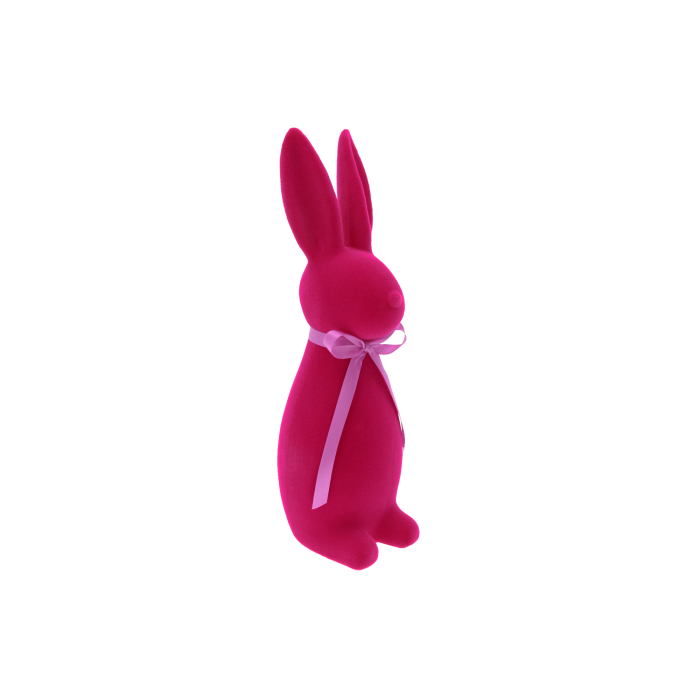 flokowany zając, zając M 30 cm, fuksja, różowy zając wielkanocny, dekoracja świąteczna, ozdoby wielkanocne, flokowane ozdoby, elegancka dekoracja, nowoczesne aranżacje, ozdoby na stół, pastelowe dekoracje wielkanocne,