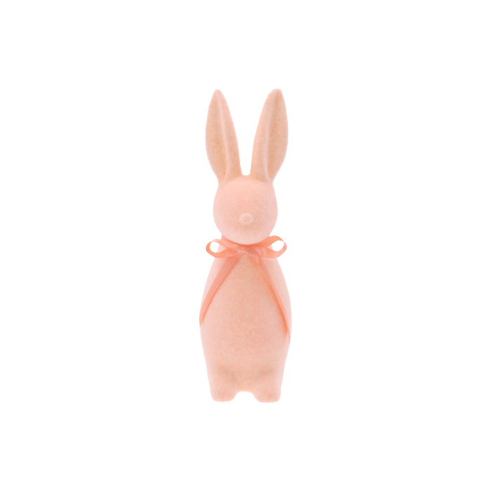 flokowany zając, zając M 30 cm, łososiowy zając wielkanocny, pastelowa dekoracja, ozdoby wielkanocne, flokowana ozdoba, elegancki wystrój wnętrz, wiosenne aranżacje, wielkanocne dekoracje na stół, modna ozdoba świąteczna