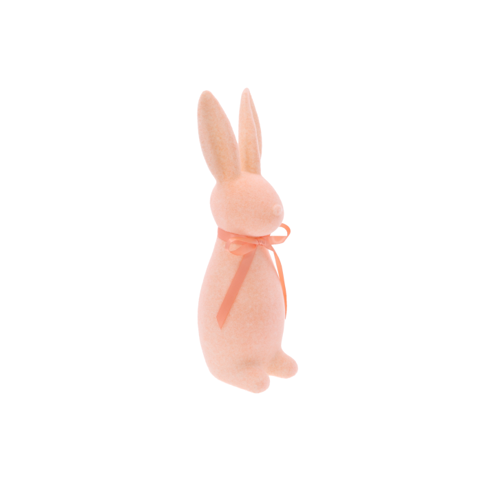 flokowany zając, zając M 30 cm, łososiowy zając wielkanocny, pastelowa dekoracja, ozdoby wielkanocne, flokowana ozdoba, elegancki wystrój wnętrz, wiosenne aranżacje, wielkanocne dekoracje na stół, modna ozdoba świąteczna